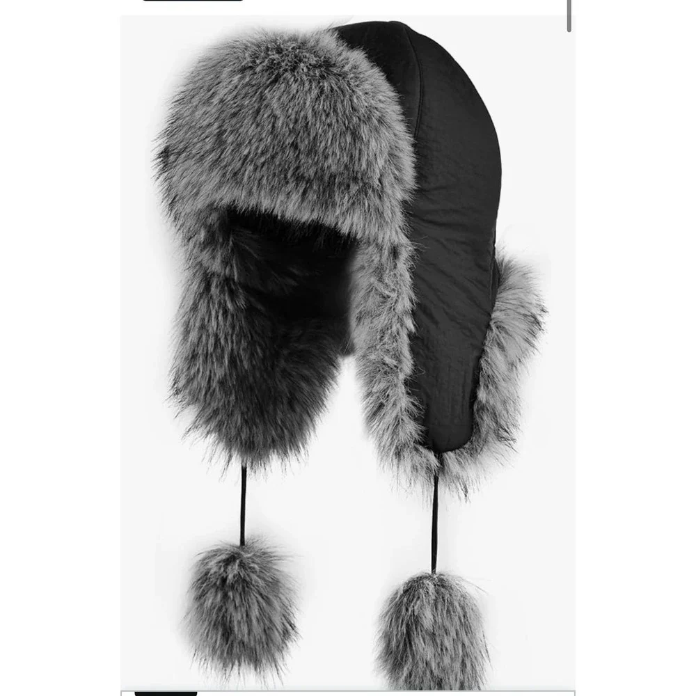 Womens Faux Fur Trapper Hat Black Grey Aviator Ushanka Winter Ear Flap Pom Pom